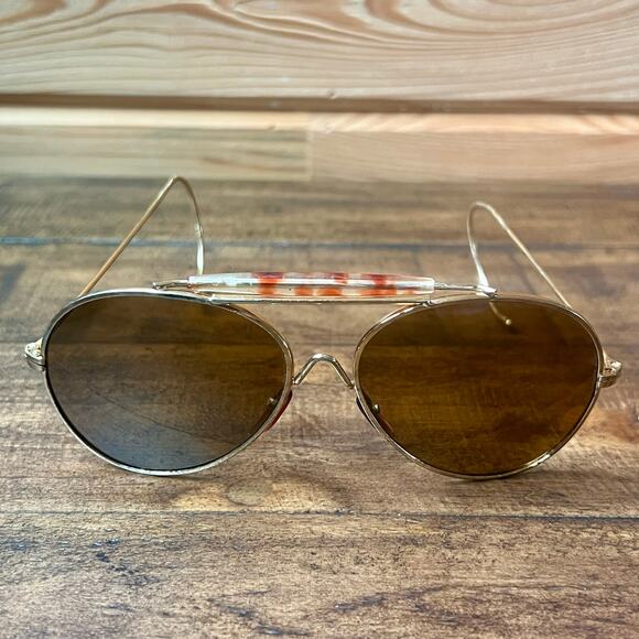 Vintage 70s Aviator Sunglasses Cable Temple Wrap Ear Gold Metal Frame Brown Lens